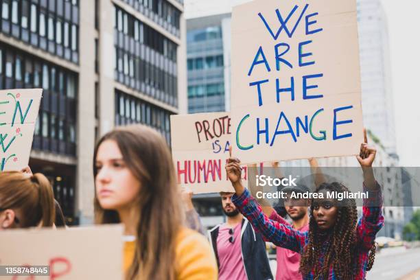 People Strike Against Climate Change And Pollution Young African Woman Holding A Poster Communicating We Are The Change Stock Photo - Download Image Now