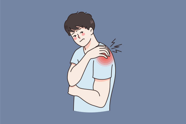 Unwell man suffer from shoulder injury Unhealthy man touch shoulder suffer from back injury or trauma. Unwell sick guy struggle with acute pain or muscular spasm strain in arm. Healthcare and medicine. Flat vector illustration. chronic illness stock illustrations