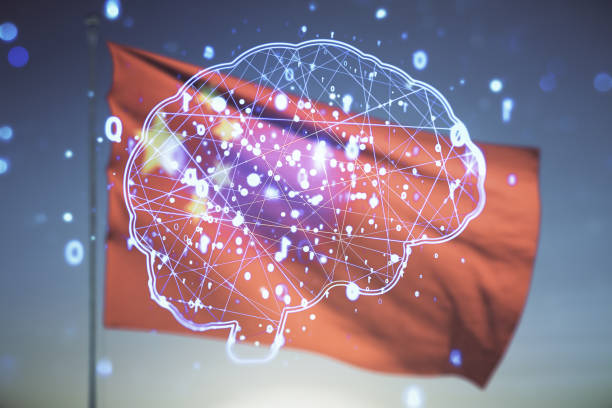 istock Double exposure of creative artificial Intelligence interface on Chinese flag and blue sky background. Neural networks and machine learning concept 1358752616