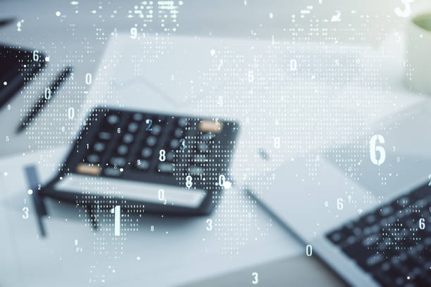 istock Multi exposure of abstract creative coding sketch and world map on calculator and laptop background, artificial intelligence and neural networks concept 1358752639