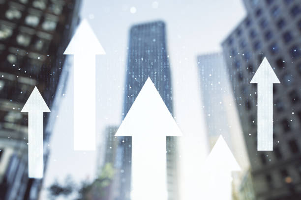 istock Virtual upward arrows hologram on modern architecture background, leadership and motivation concept. Multiexposure 1358752738