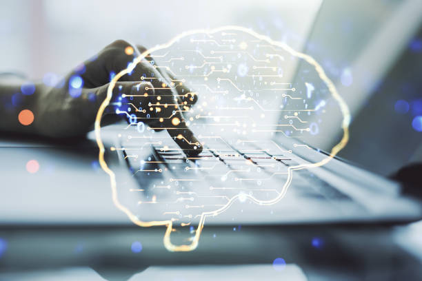 istock Double exposure of creative human brain microcircuit with hand typing on computer keyboard on background. Future technology and AI concept 1358752744