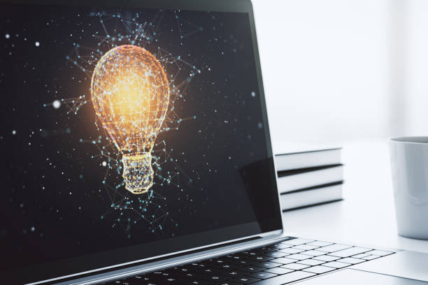 istock Creative light bulb illustration on modern computer monitor, future technology concept. 3D Rendering 1358752796