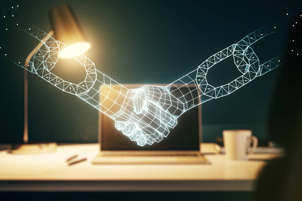 istock Creative abstract block chain technology sketch with handshake on modern laptop background, future technology and blockchain concept. Double exposure 1358752804