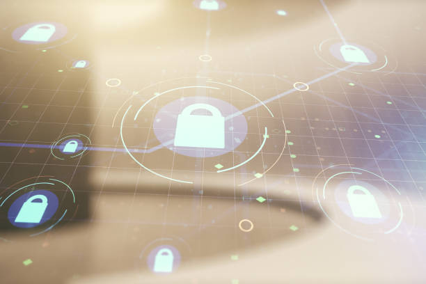 istock Virtual creative lock sketch with chip hologram on empty classroom background, protection of personal data concept. Multiexposure 1358752823