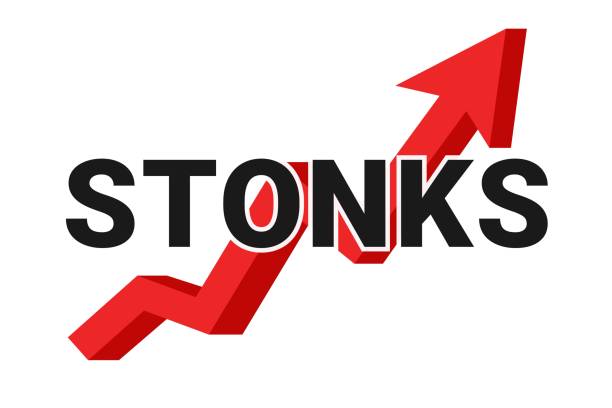 stockillustraties, clipart, cartoons en iconen met inscription stonks on a red arrow of a growing graph. a modern internet meme, a neologism meaning a sharp rise in stocks - andrej