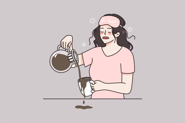 Sleepy woman spill coffee early in morning Sleepy tired young woman make coffee in morning feel fatigue after sleepless night. Drowsy girl exhausted need sleep relaxation. Early wakeup and exhaustion. Stress and burnout. Vector illustration. tired woman coffee stock illustrations