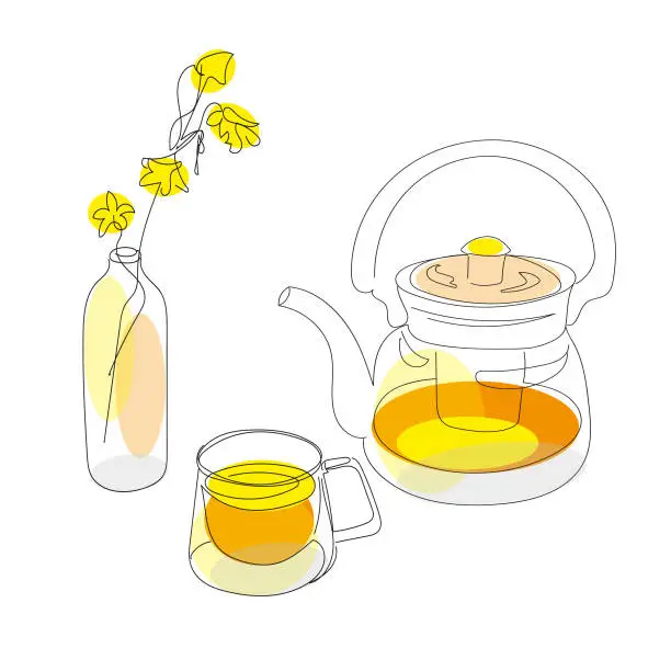 Vector illustration of Tea time still life with a teapot, a cup and a vase with wildflowers in the line art style.