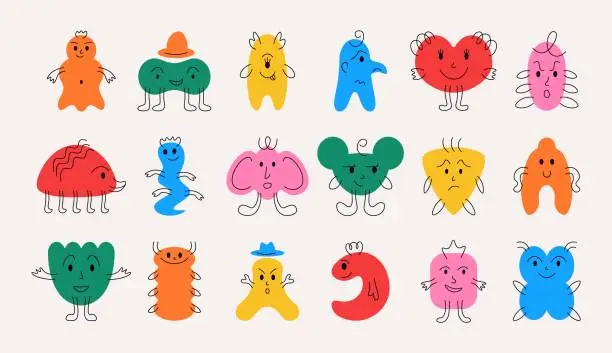 Vector illustration of Doodle monsters. Hand drawn minimalistic funny mascots with cheerful face emotions, little monsters for kids illustrations. Vector isolated set