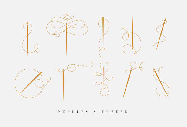 Needles and thread collection beige Needles and thread for sewing collection drawn with swirls element in baroque style in beige color sewing stock illustrations