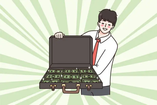 Vector illustration of Smiling businessman hold suitcase full of money