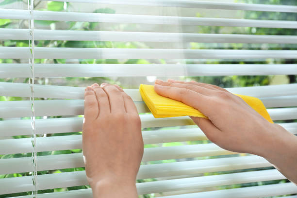 istock Woman cleaning window blinds with rag indoors, closeup 1358759729