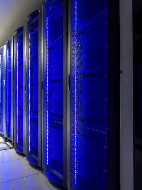Server room data center. Backup, mining, hosting, mainframe, farm and computer rack with storage information