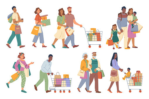 People carrying shopping bags with purchases isolated flat cartoon men and women taking part in seasonal sale at store, shop, mall. Shopping bags and trolleys, young, adult and senior characters