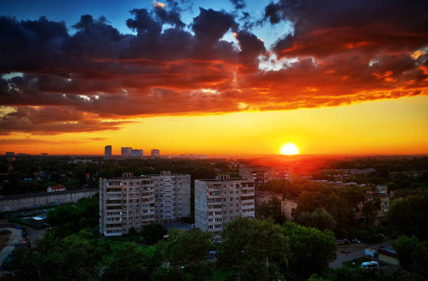 istock Korolev city during sunset background 1358762228