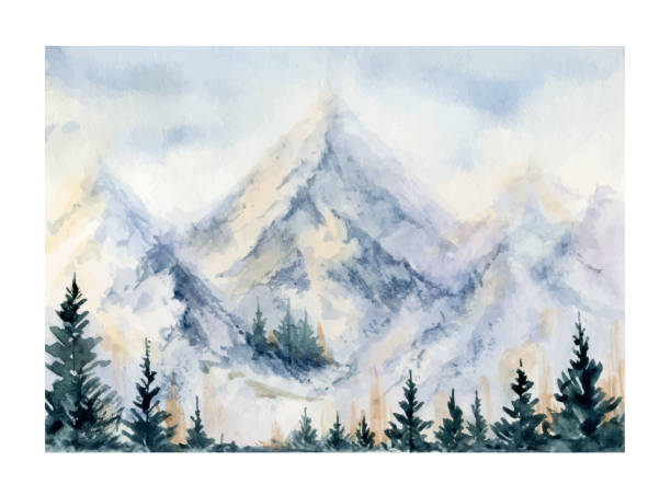 istock Watercolor winter landscape with mountains and forest. Hand painted illustration for greeting cards and invitations isolated on white background. 1358763177