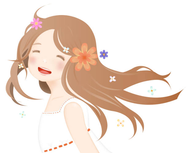 ilustrações de stock, clip art, desenhos animados e ícones de illustration of a girl with a cute smile looking back and flowers - white background laughing beautiful women