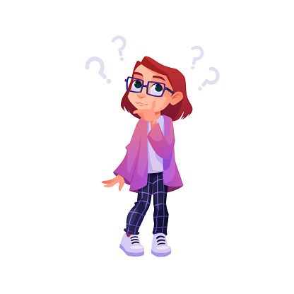 Little girl having many questions funny cartoon child with question marks above head. Vector small genius woman wondering and looking for answers, puzzled kid in glasses holding her chin and think