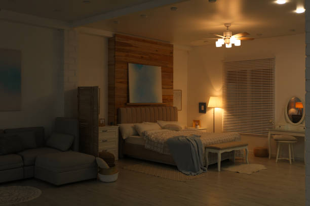 istock Stylish apartment interior with modern ceiling fan in evening 1358763921