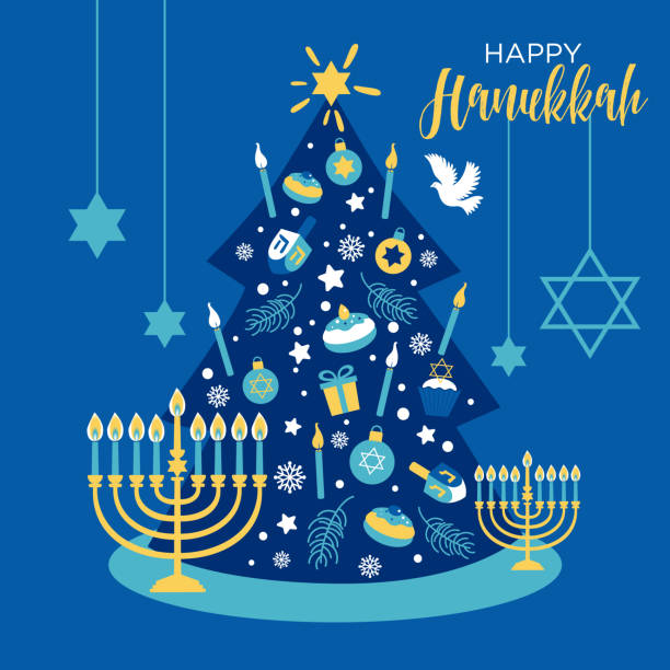 ilustrações, clipart, desenhos animados e ícones de desenho de banner de natal e hanukkah com árvore de natal. ilustração de inverno hanukkah com candels. - hanukkah menorah judaism religion