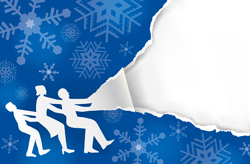 Paper family silhouette and blue christmas torn paper. Place for your text or image. Vector available.