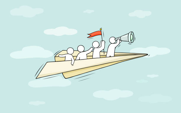 Businessman watching through telescope sitting on paper plane Sketch of flying paper plane with little workers. Doodle cute miniature about leadership and discovery. Hand drawn cartoon vector illustration for business and education design. sports team event stock illustrations