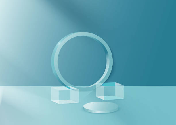 istock Display product podium. 3D realistic blue cylinder shped and square glass platform. 1358766697