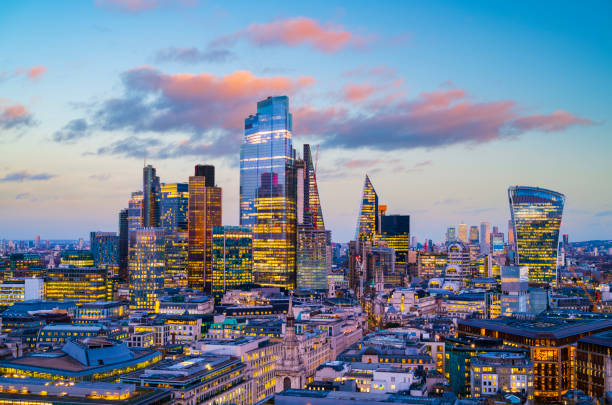 City of London Business District at Sunset, London, UK Last of the Sunset Light Falling onto the Buildings, sky copy space 20 fenchurch street photos stock pictures, royalty-free photos & images