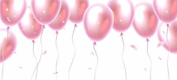 istock Vector happy birthday illustration with flying realistic pink color air balloon with confetti. Beautiful holiday template design with balloon on light background 1358768401