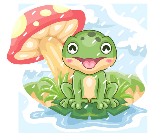 ilustraciones, imágenes clip art, dibujos animados e iconos de stock de dibujos animados linda ranita siendo feliz jugando bajo la lluvia bajo el árbol de hongos - frog batrachian animal head grass