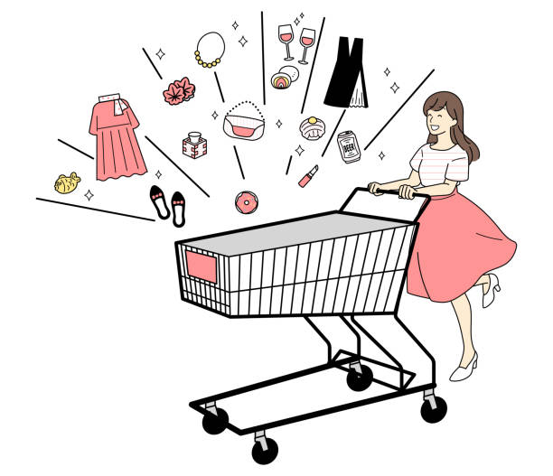 ilustracja kobiety robiącej zakupy, całe ciało. - white background food and drink full length horizontal stock illustrations