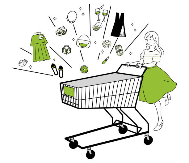ilustracja kobiety robiącej zakupy, całe ciało. - white background food and drink full length horizontal stock illustrations