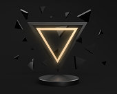Black and gold elegant shining podium. A pedestal with triangles. Geometric abstract background. 3D Render