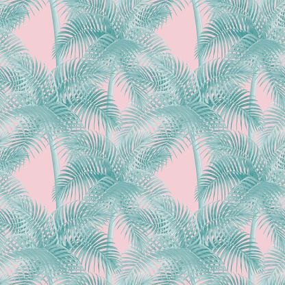 Watercolor seamless pattern with teal tropical palm trees on pastel pink background . Watercolour hand drawn vintage style palms illustration. Print for textile, fabric, wallpaper, wrapping paper.