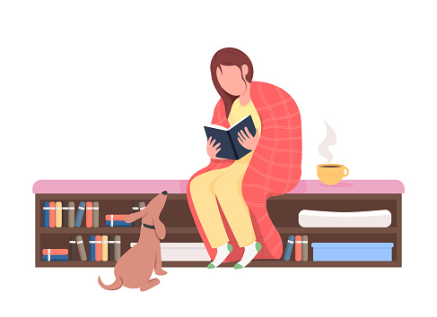 Girl reading at home semi flat color vector character. Resting figure. Full body person on white. Cozy life isolated modern cartoon style illustration for graphic design and animation
