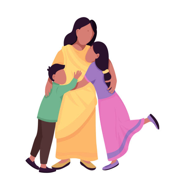 ilustrações, clipart, desenhos animados e ícones de feliz abraçando família semi plana cor vetor personagens - offspring family love india