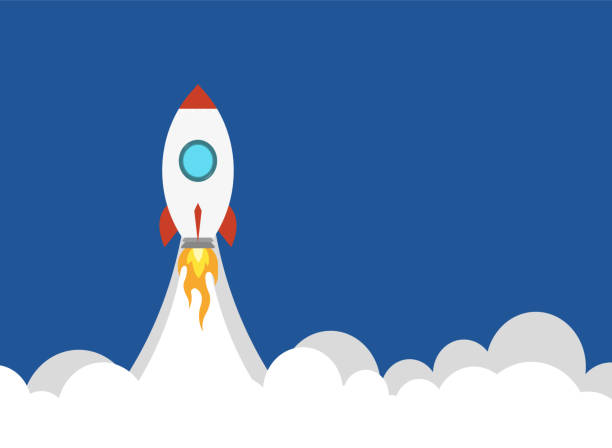 istock Business concept, rocket launch in the sky flying over clouds. Spaceship in smoke clouds. Vector in flat design 1358773543