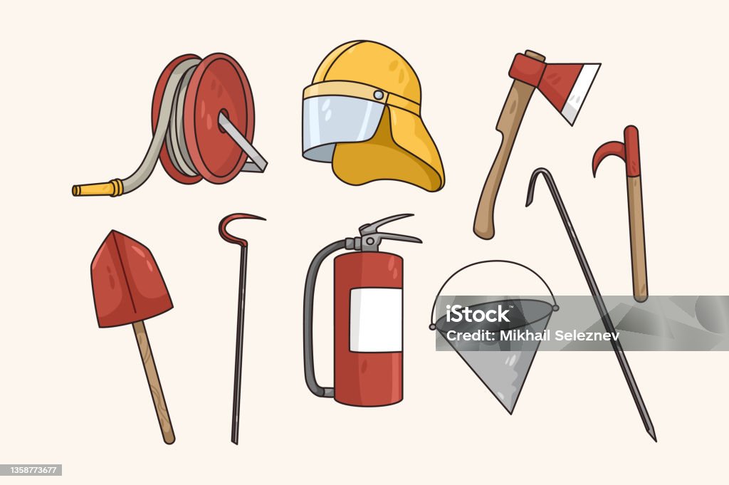 Vector Firefighting Tools Set Of Fireman Uniform And Tools For Firefighting Stock Illustration ...