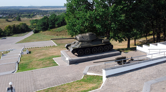 soviet tank from the second world war T-34-85. Medium tank in open air museum. Marshal Konev Height. Old military vehicle. Kharkiv, Ukraine - August 23, 2021