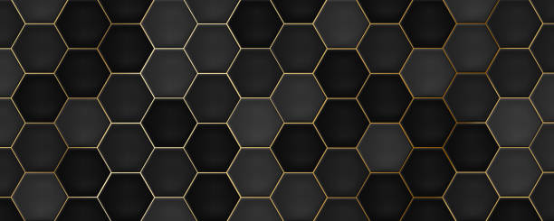 Black Hexagon Ceramic Tiles Black hexagon tiles with gold grout. Modern seamless pattern, dark colored hexagon ceramic tiles. tiled floor stock illustrations