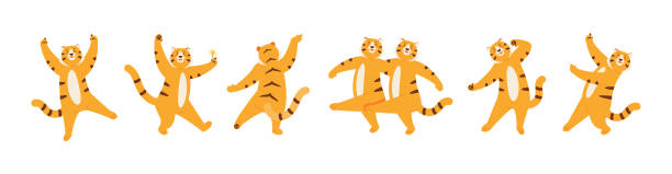 Dancing tiger symbol of the new year Dancing funny tigers. The symbol of the Chinese new year 2022. Vector illustration mascot illustrations stock illustrations