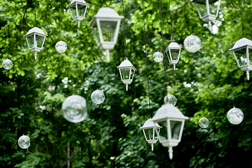 Luxury wedding decorations outdoors on green background, copy space. Lanterns and bulb garland on big tree in garden