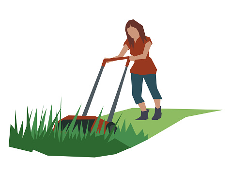 Young woman using lawn mower illustration