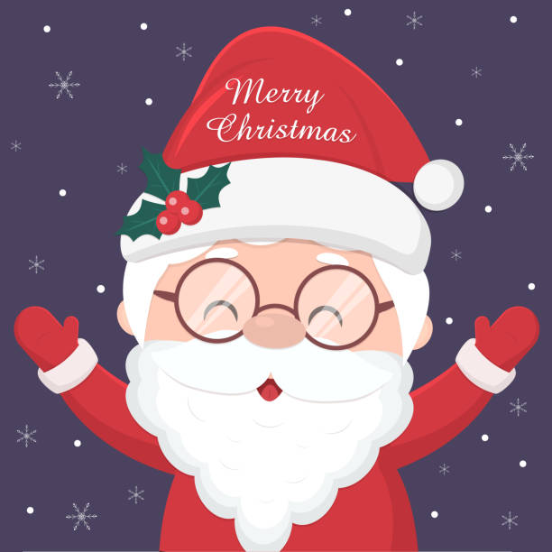 ilustrações de stock, clip art, desenhos animados e ícones de merry christmas and happy new year. cheerful santa claus in glasses, the inscription on the cap, holds his hands up. isolated on a background of the night sky and snowflakes. - belt men gift night