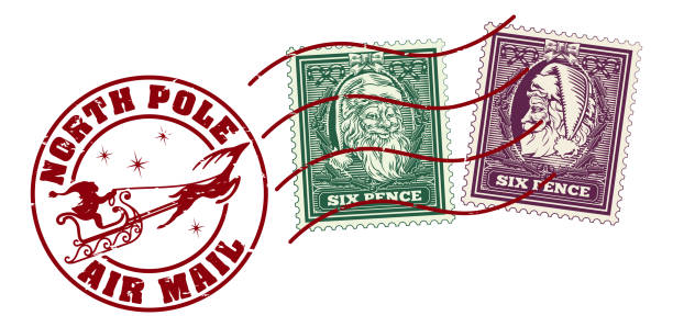 ilustraciones, imágenes clip art, dibujos animados e iconos de stock de sello postal de navidad de santa claus - pole sign north north pole