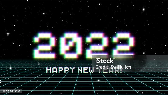istock 2022 New Year sign with glitched glowing pixels and grid. Winter holiday and year change symbol. 1358781908