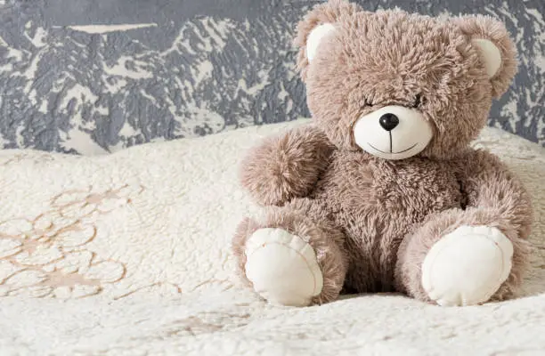 Toy teddy bear sitting on a bed