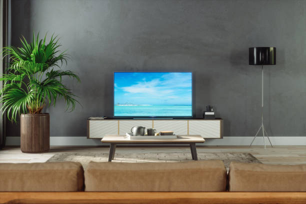 istock Modern Gray Living Room With Television 1358782073