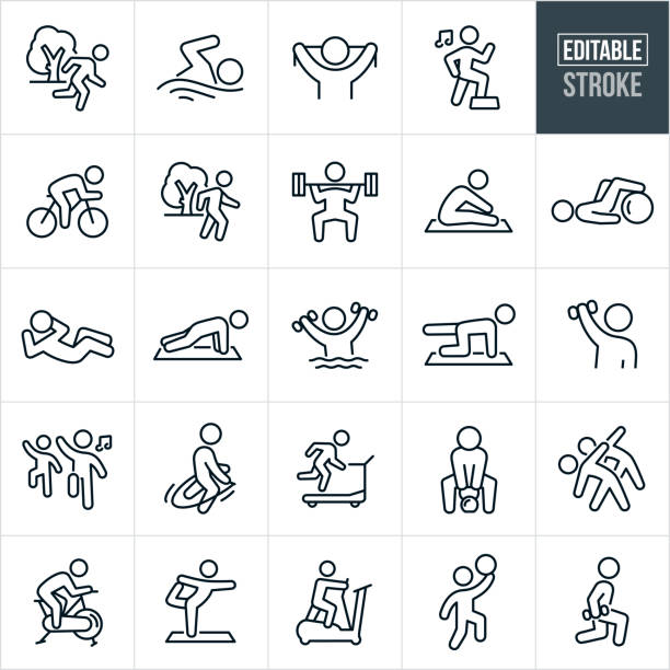 ilustraciones, imágenes clip art, dibujos animados e iconos de stock de iconos de línea delgada de actividades de fitness - trazo editable - actividades y técnicas de relajación