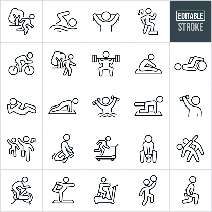 A set of fitness activities icons that include editable strokes or outlines using the EPS vector file. The icons include a person running outside, person swimming, person using exercise band, person doing step aerobics, cyclist riding bike, person walking in park for exercise, person lifting weights, person stretching, person using exercise ball, person doing situp, person doing push-ups, person doing water aerobics, people dancing for exercise in an aerobics class, person jumping rope, person running on treadmill, person lifting kettlebell, person using exercise bike, person doing yoga, person using eleiptical machine, person playing basketball and a person doing lunges.